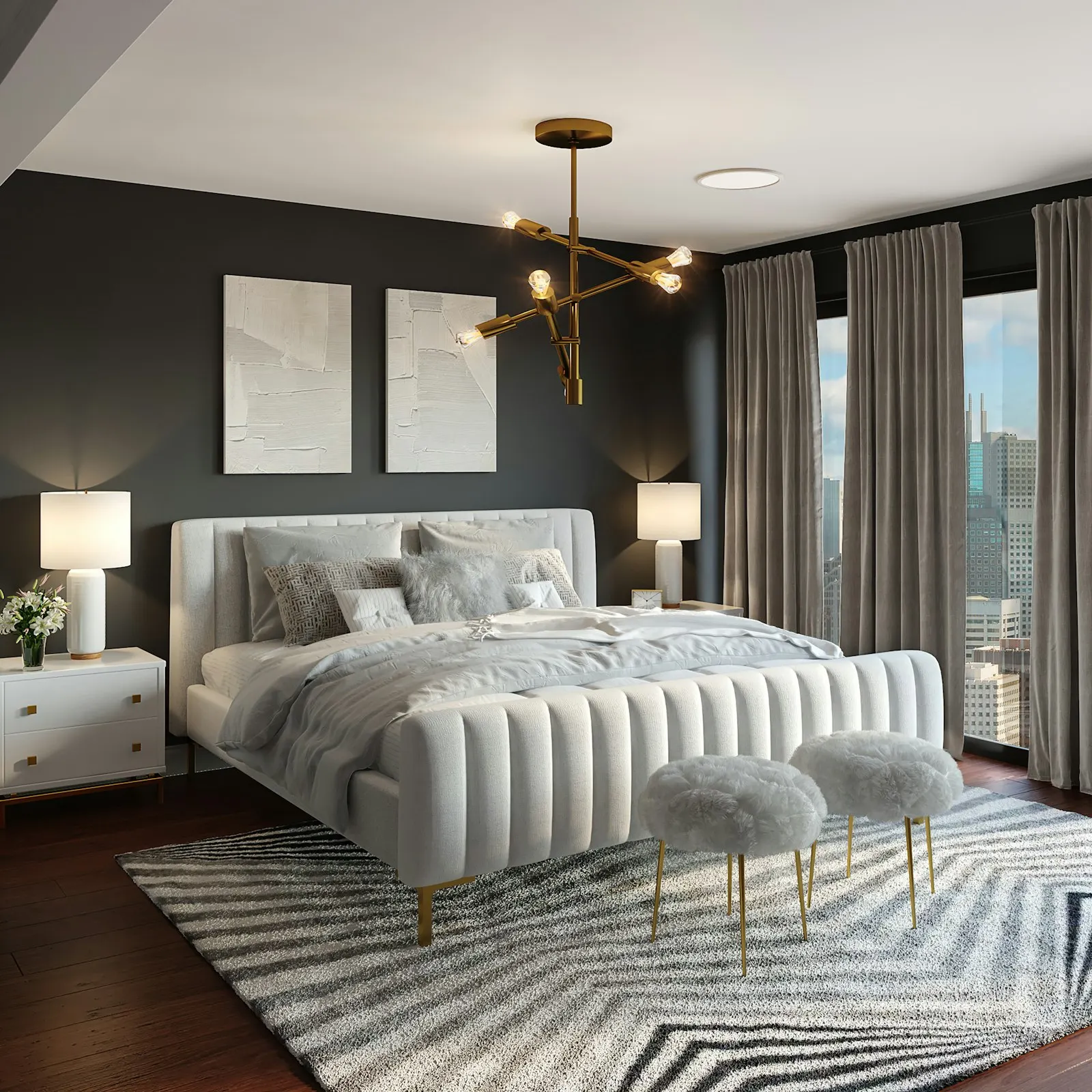 A bedroom with a white upholstered bed, dark walls, linen curtains, and a city window.