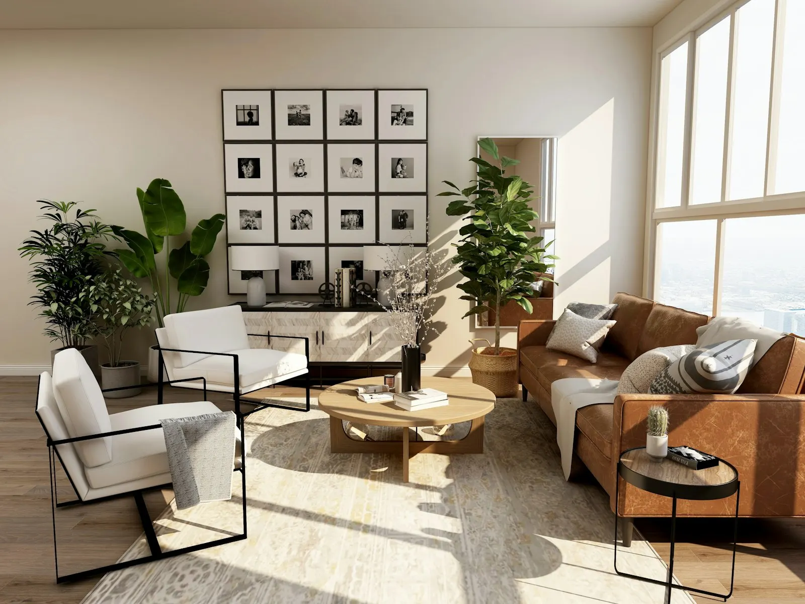 A sunlit living room furnished with a sofa, chairs, and a round table.
